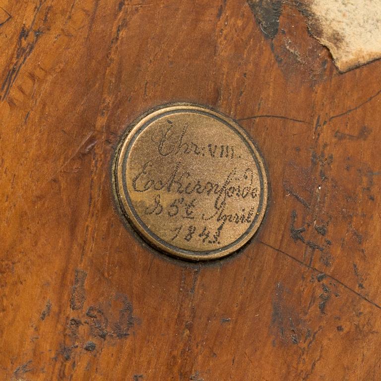 TRÅDRULLEHÅLLARE, trä och mässing, daterad 1843.