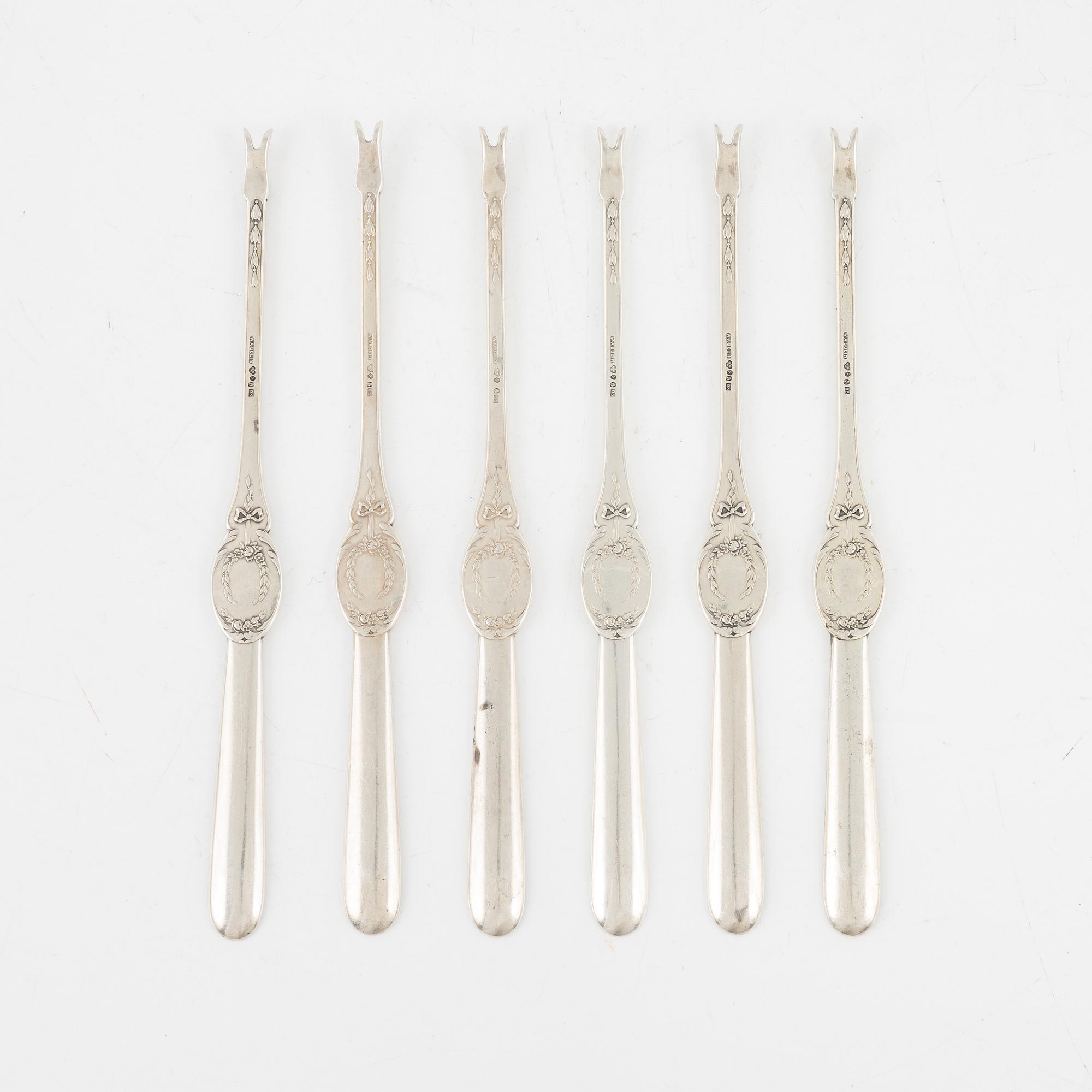 W.A. Bolin, hummergafflar, 6 st, silver, Stockholm 1940.
