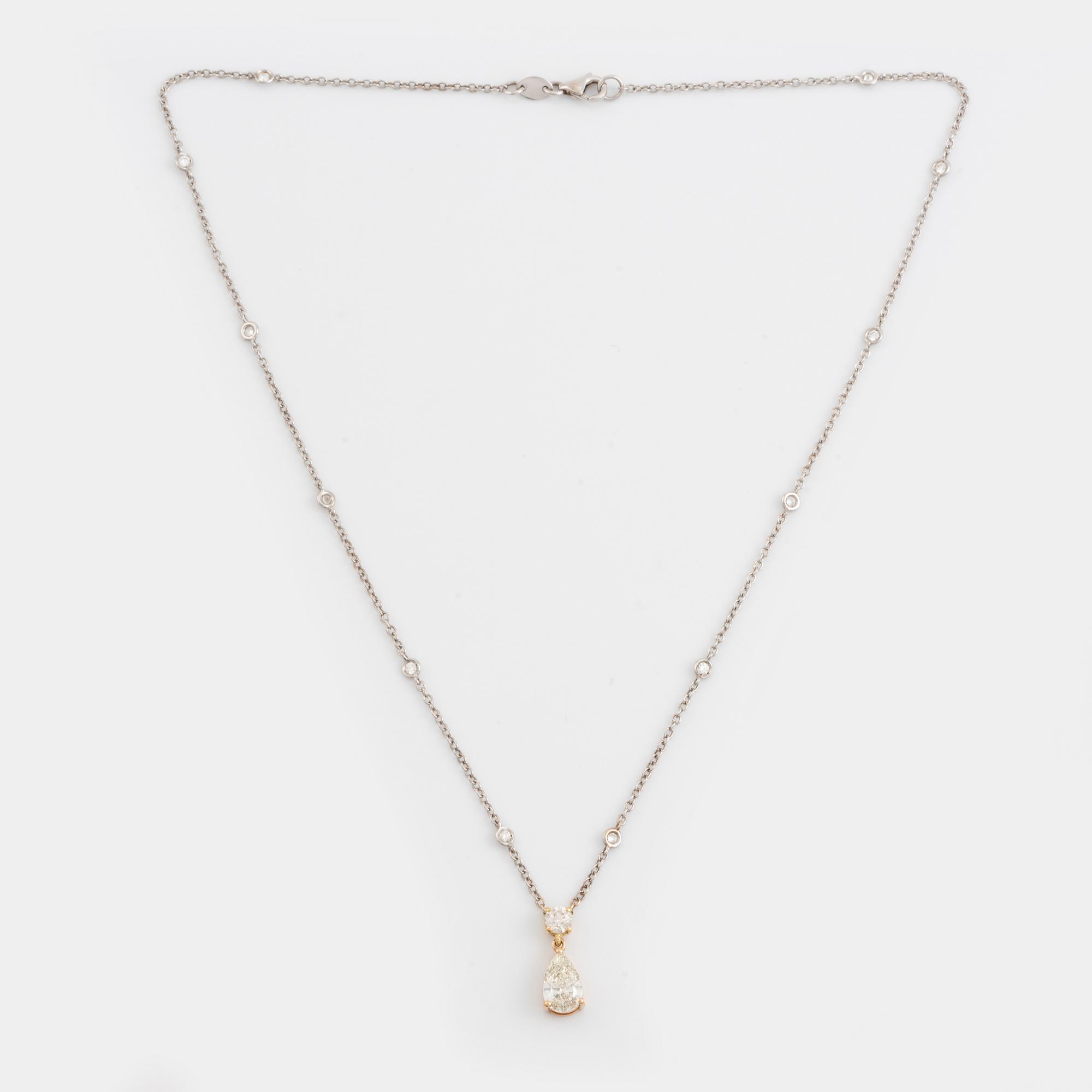 Necklace with pear-shaped diamond and brilliant-cut diamonds.