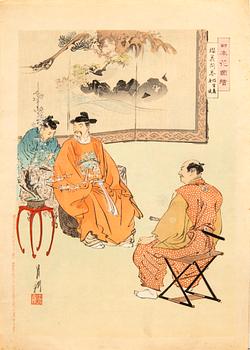 Ogata Gekko, three color woodblock prints, Japan 1890s.