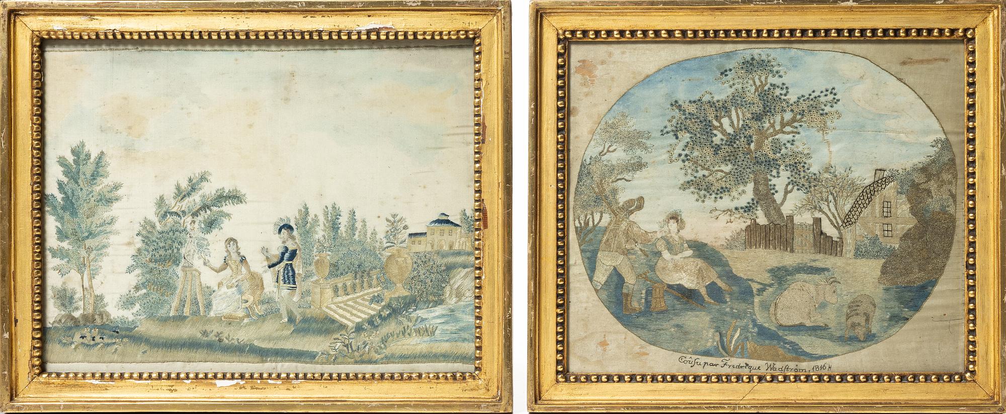 Side embroideries, 2 pcs, of which one is signed, Empire, early 19th century.