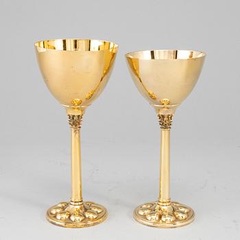 A set of twelve (6+6) goblets, gilt metal, Miguel Berrocal, Spain 20th century.