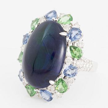 Ring, 18K white gold with opal, tsavorite, sapphire, and brilliant-cut diamonds.