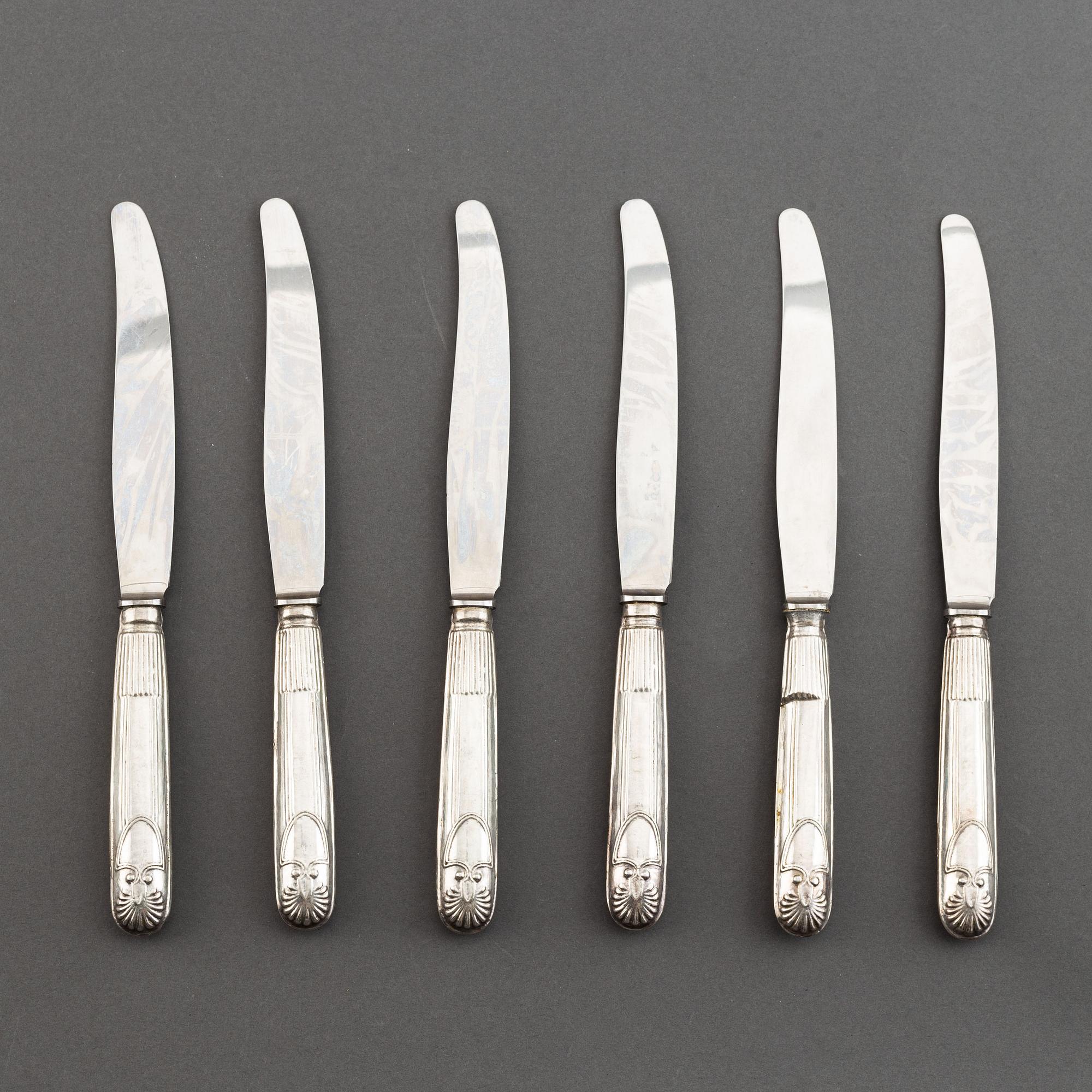 Six swedish silver knives, mark of Carl Gustaf Lundgren, Östersund 1867.