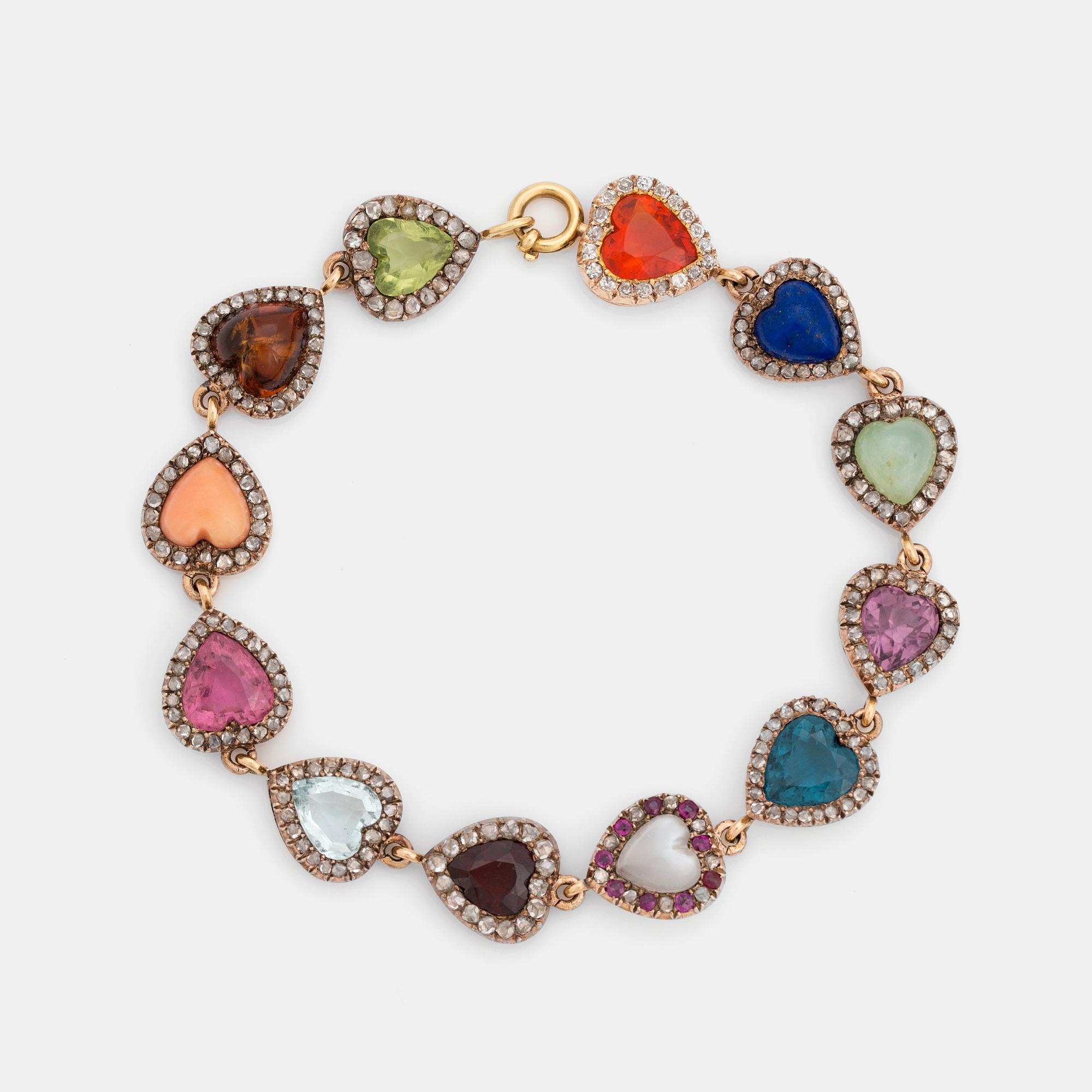 ARMBAND med olika färgstenar samt rosen- och gammalslipade diamanter.