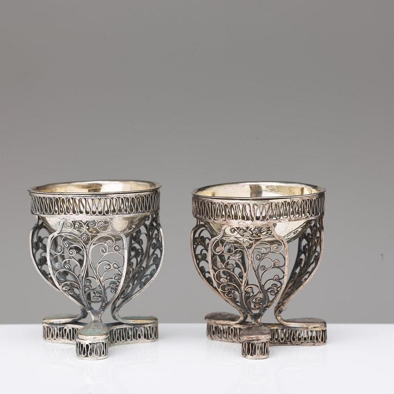 A pair of 19th century parcel-gilt silver salt-cellars, unidentified marks.