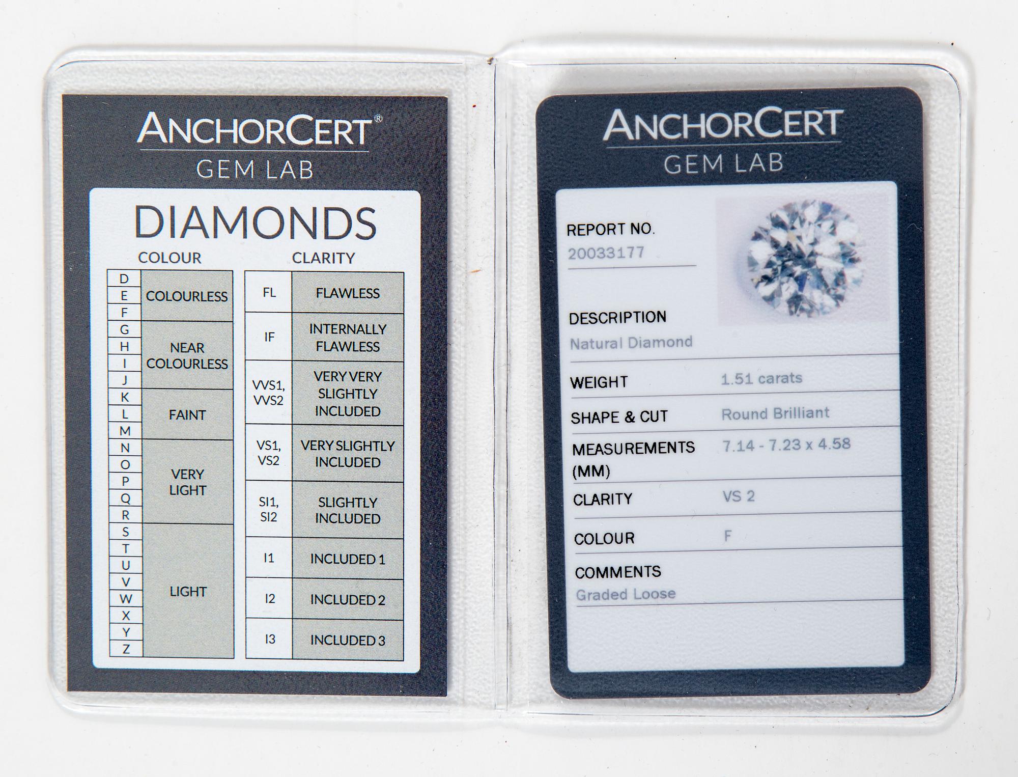 DIAMANT, oinfattad briljantslipad, 1.51 ct, E-F/VS enligt certifikat från IGI.