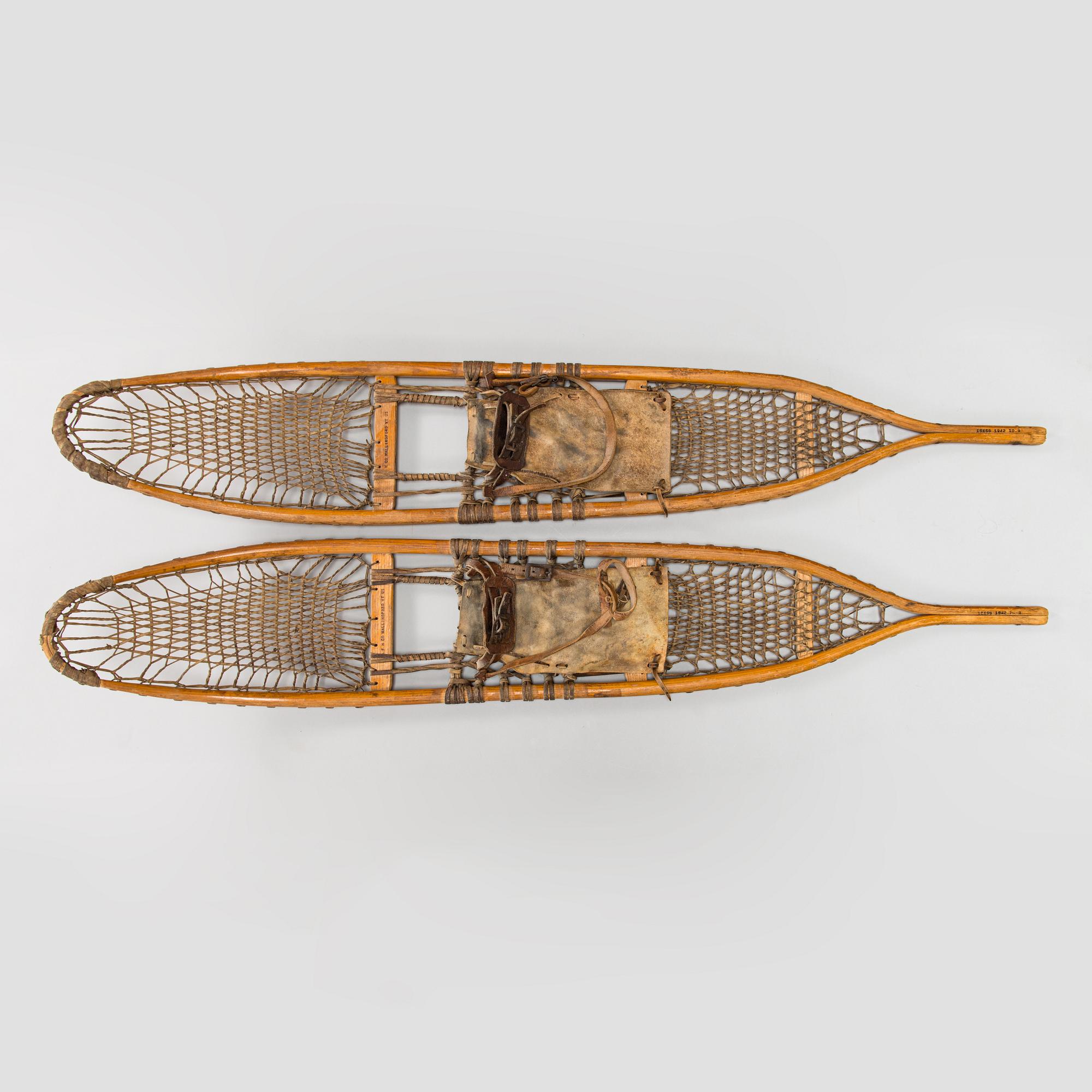 A pair of snowshoes, F H CO Wallinford VT US. First half of the 20th century.