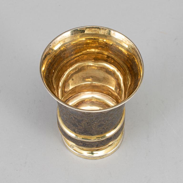 A Russian mid 19th century silver-gilt and niello beaker, unidentified makers mark, Moscow 1845.