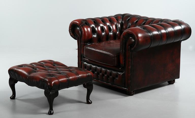 SOFFA, FÅTÖLJ samt PALL, Chesterfieldmodell, 1900-talets andra hälft.