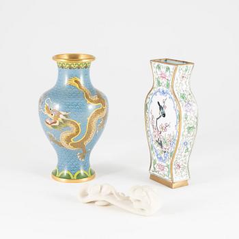 Two Chinese vases and a belt hook, 20th Century.