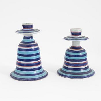 Stig Lindberg, a set of three faience vases, two candlesticks and a lidded box, Gustavsbergs studio.