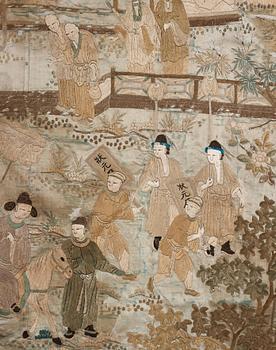 A large embroidered silk panel, Qing dynasty, circa 1800.