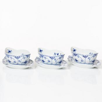 Royal Copenhagen, three sauceboats, 'Blue Fluted Full Lace', Denmark, 1979-83.