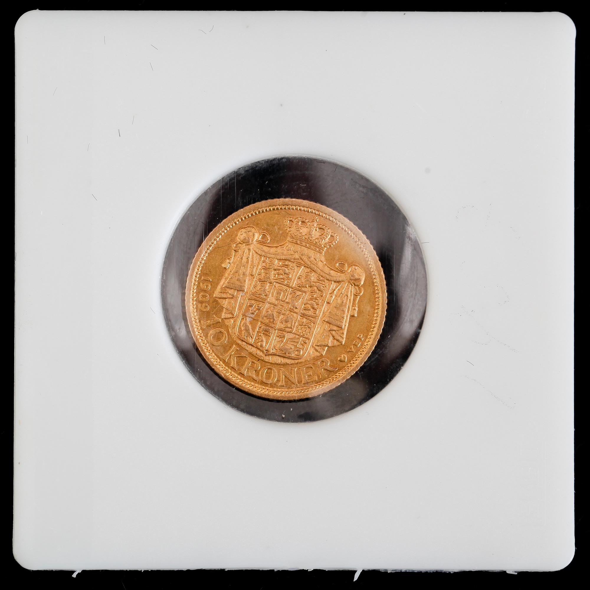 GULDMYNT, 10 kroner, Frederik VIII, Danmark 1909. Vikt ca 4 gram.