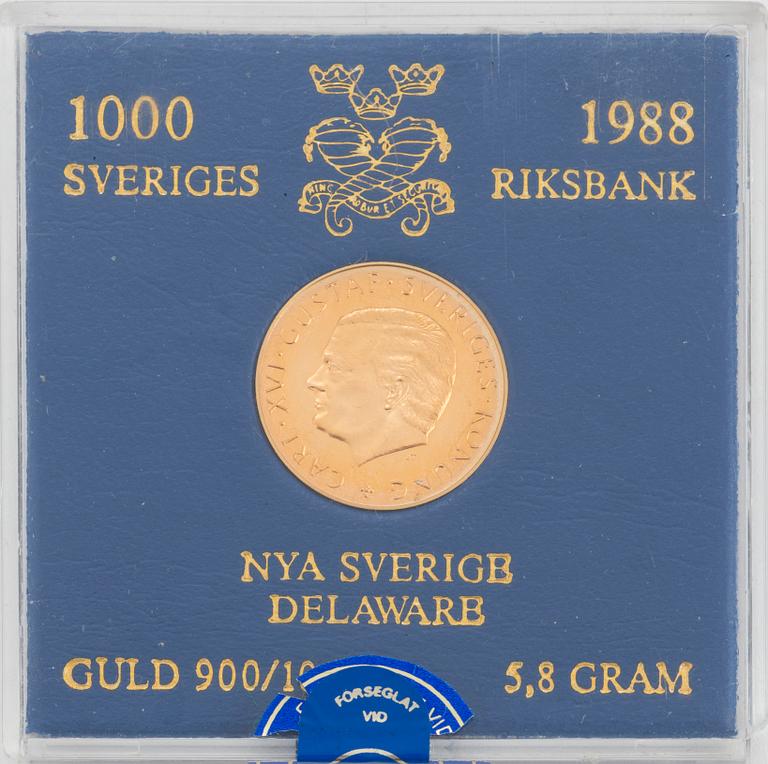 GULDMYNT, två stycken, Jubileumsmynt 1000 kr, 1988 respektive 1996.