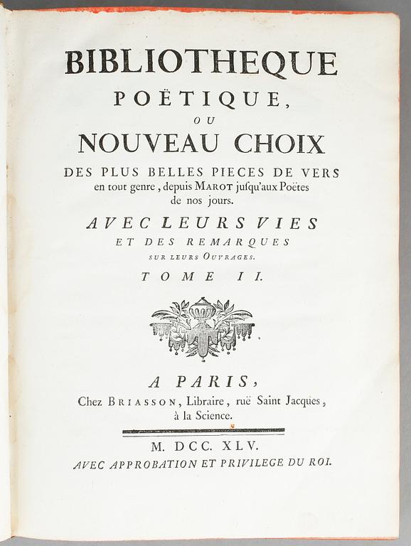 BIBLIOTHEQUE POETIQUE OU NOUVEAU CHOIX.., 4 vol, I-IV, Paris 1745.