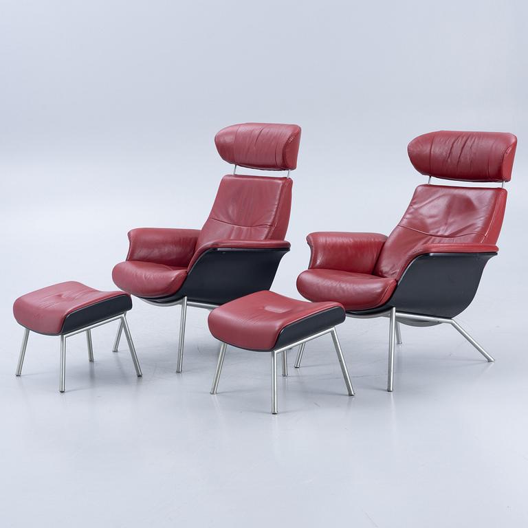 A pair of armchairs with footstool, "Timeout" by Conform, late 20th century.