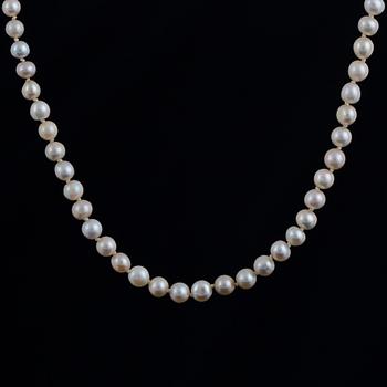 Cultured pearl necklace, clasp with old-cut diamonds.