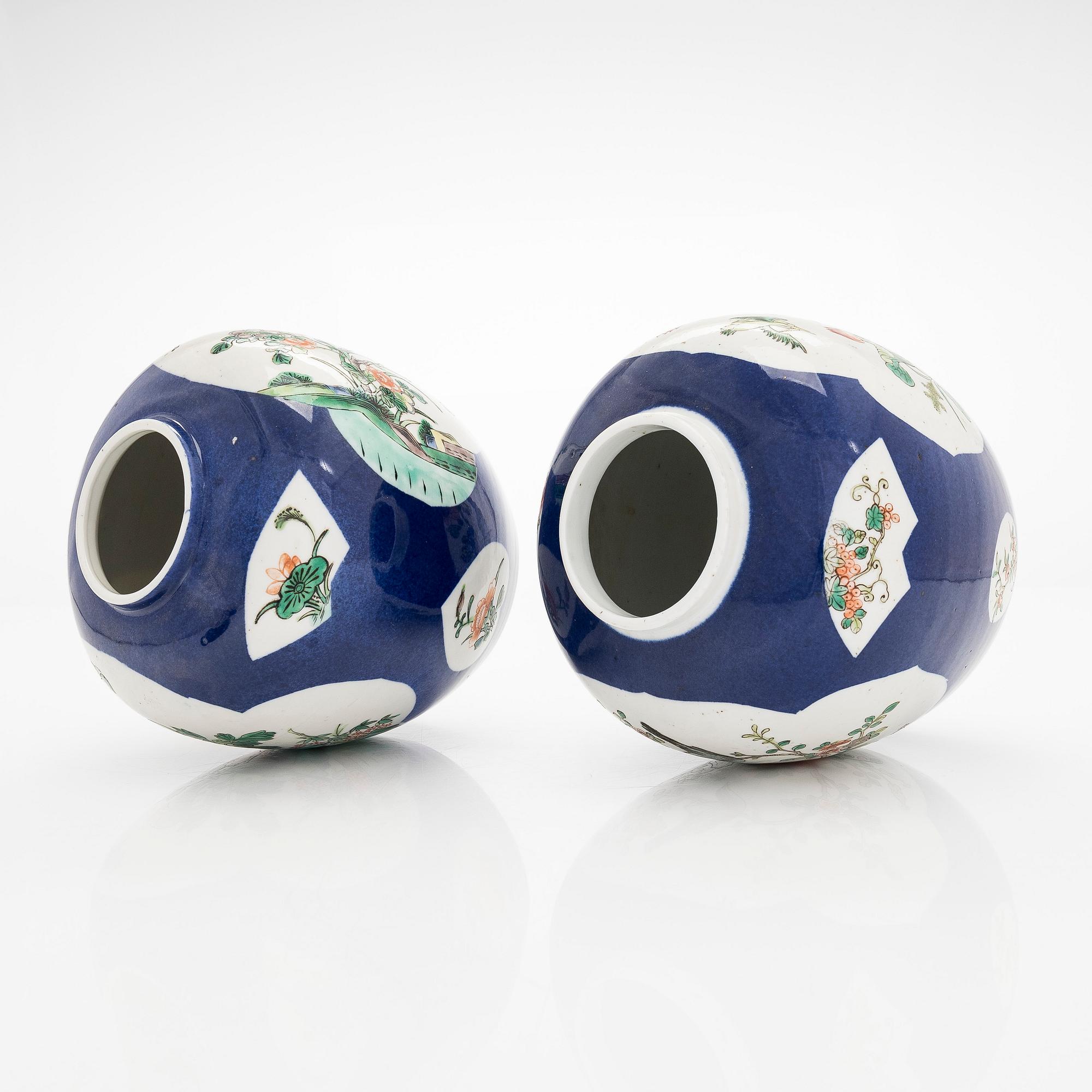 A pair of famille verte jars with covers, China mid 20th century.
