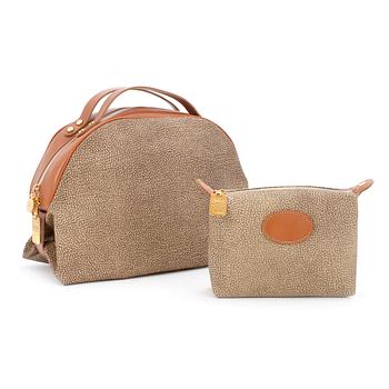 348. BORBONESE, a brown fabric and leather handbag and toliettrybag from the 1980s.