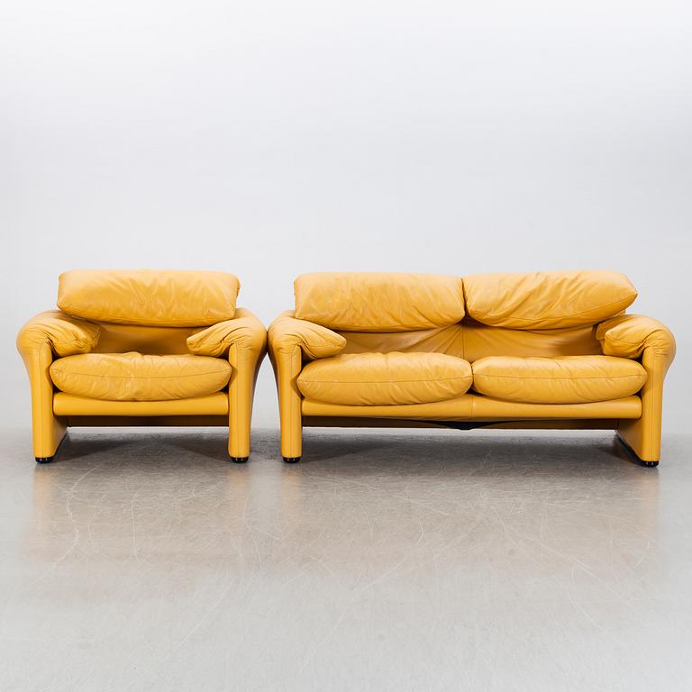 A "Maralunga" leather sofa and easy chair by Vico Magistretti, Italy.