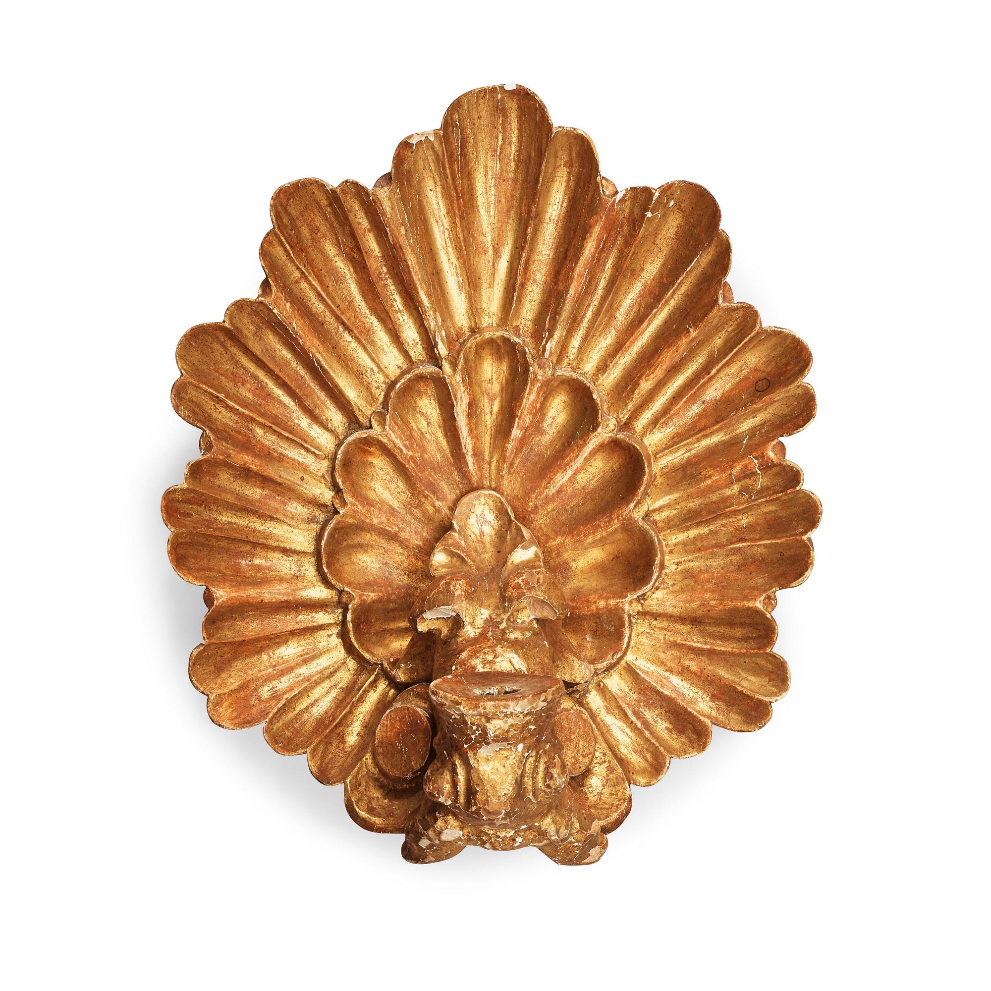 A pair of Matts Eriksson carved and gilt Swedish Grace wall scones, Arvika Sweden.