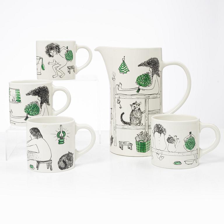 Gunvor Olin-Grönqvist, mugs, 4 pcs and a jug, Arabia, Finland, second half of the 20th century.