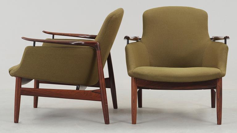 A pair of Finn Juhl 'NV-53' easy chairs, cabinetmaker Niels Vodder, Denmark 1960's.
