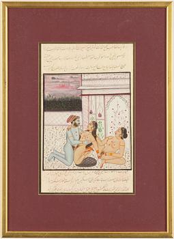 Oidentifierad konstnär, Erotiska scener i interiörer, Indien, 1900-tal. Tre stycken.
