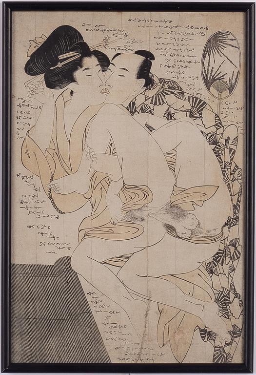 Oidentiferad konstnär, två träsnitt med erotiska s.k. 'shunga'-motiv, Japan, sen Meiji/1900-talets första hälft.