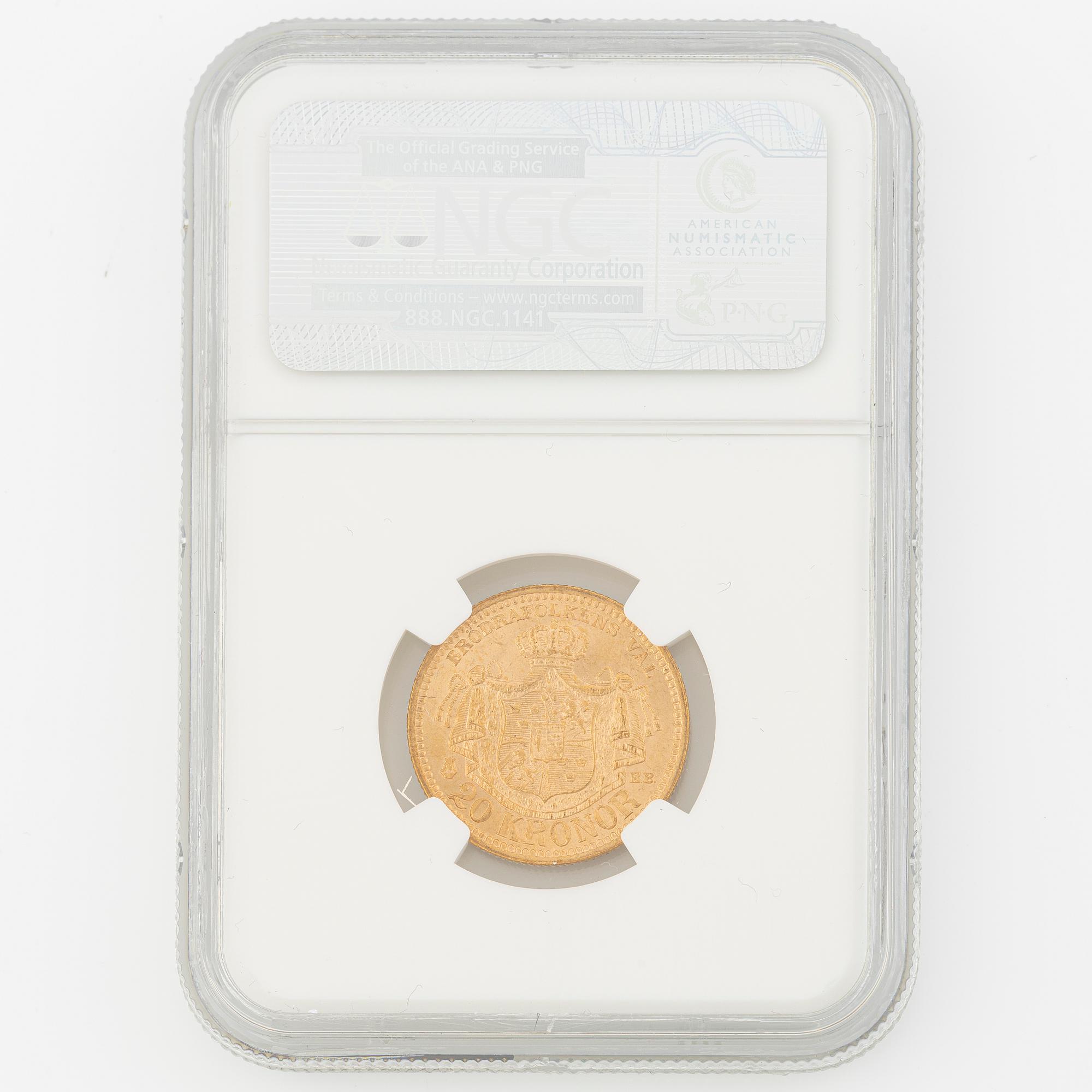 Gold coin, Oscar II, 20 kronor, type III, Sweden 1887.