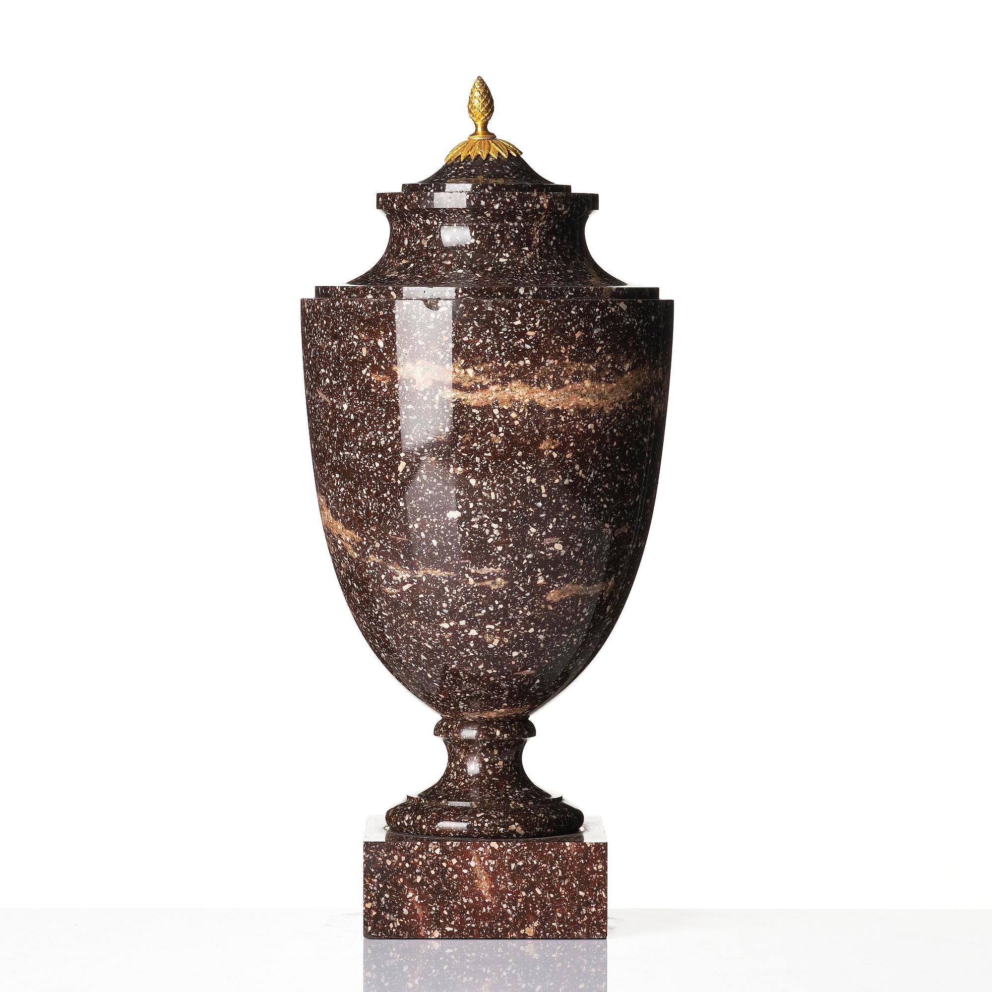 A late Gustavian ormolu-mounted 'Blyberg' porphyry urn, early 19th century.