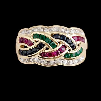 RING, 14 k guld, rubiner, safirer, smaragder och diamanter tot 0.11 ct. Vikt ca 6,8 g.