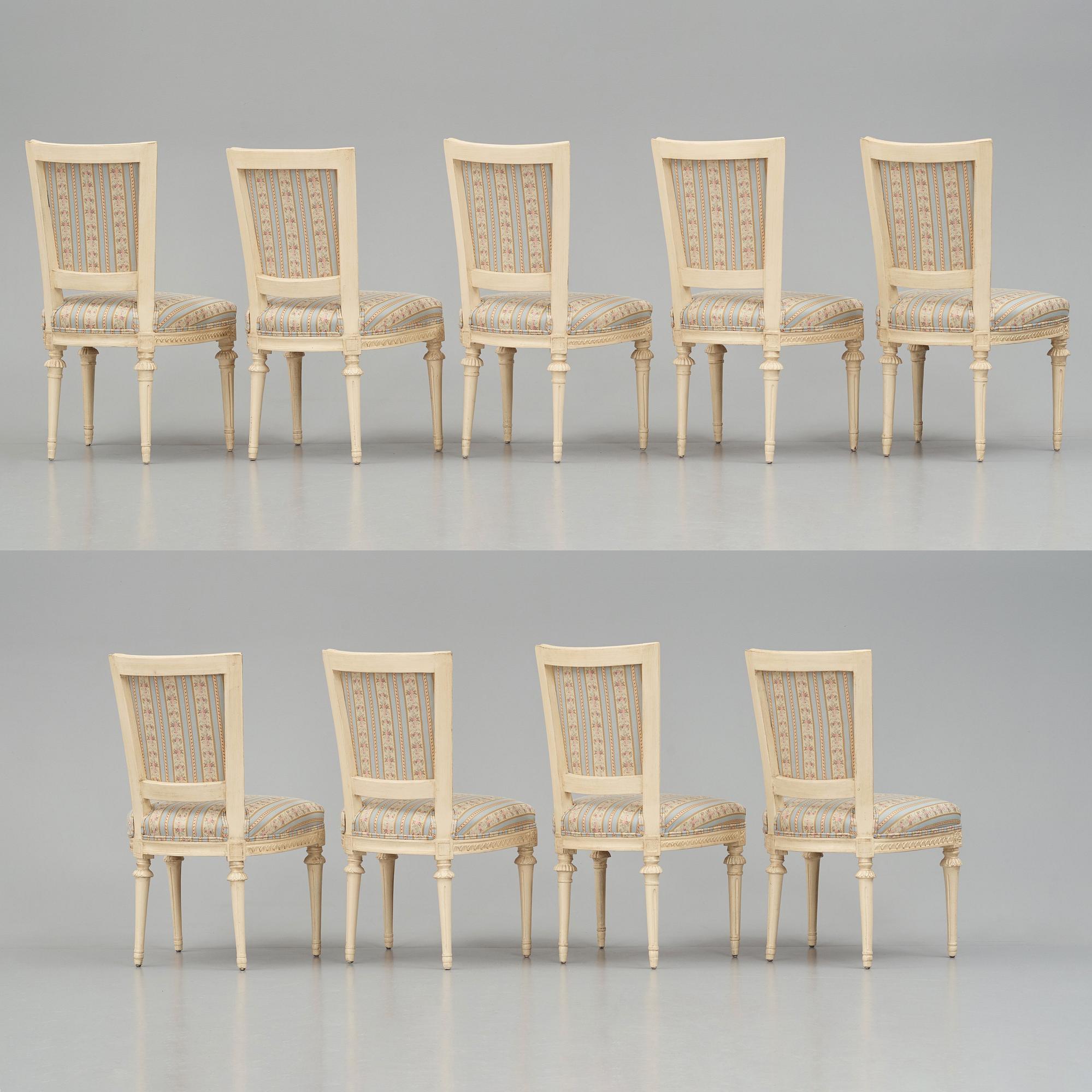 A set of nine Gustavian chairs by A Hellman (master in Stockholm 1761-94) and E Ståhl (master in Stockholm 1794-1820).