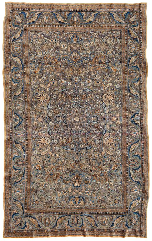 A RUG. A semi-antique silk Kashan Souf (in relief). 210 x 131,5 cm (as well as one cm flat weave at each end).