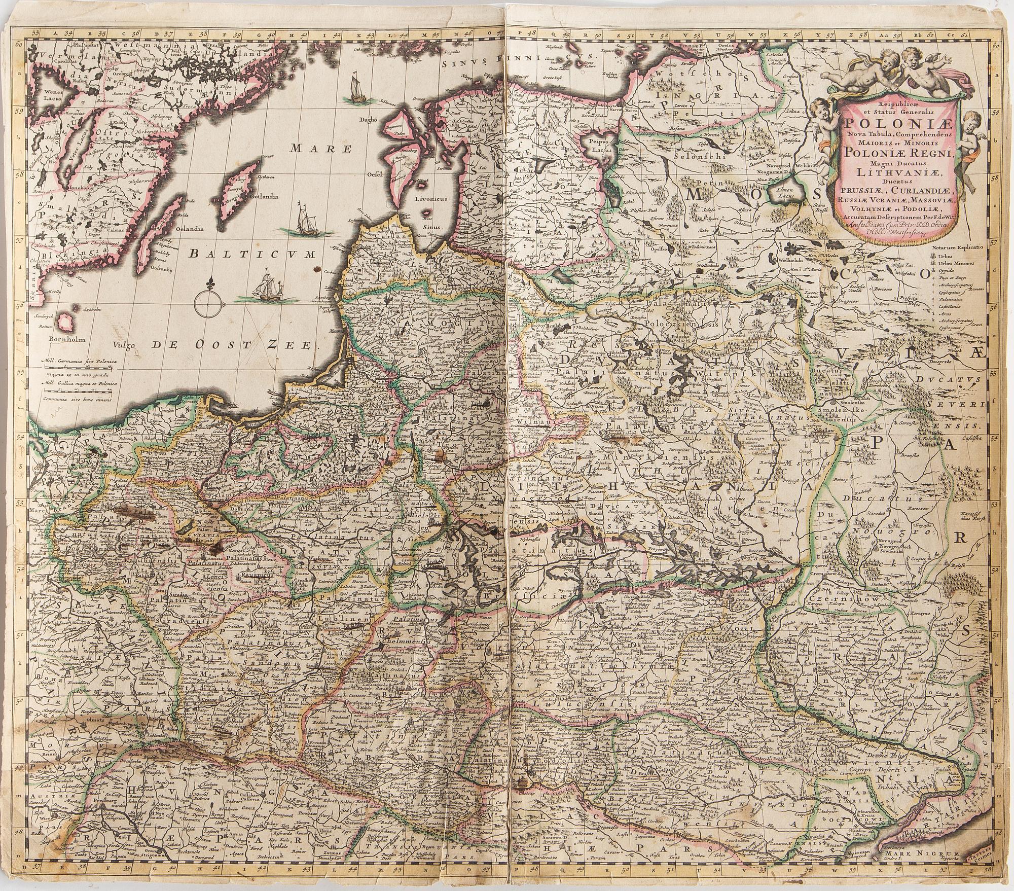 FREDERICK DE WIT, a hand coloured map of Poland, Amsterdam, Neatherlands, circa 1700.