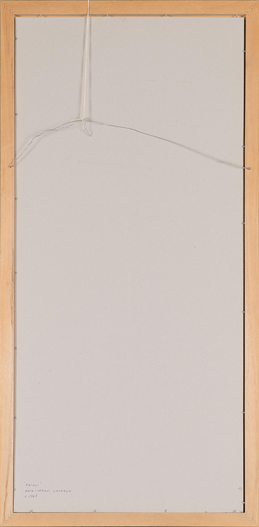 Eva-Irmeli Oksanen, kuvakudos, merkitty ja päivätty 1967 a tergo.