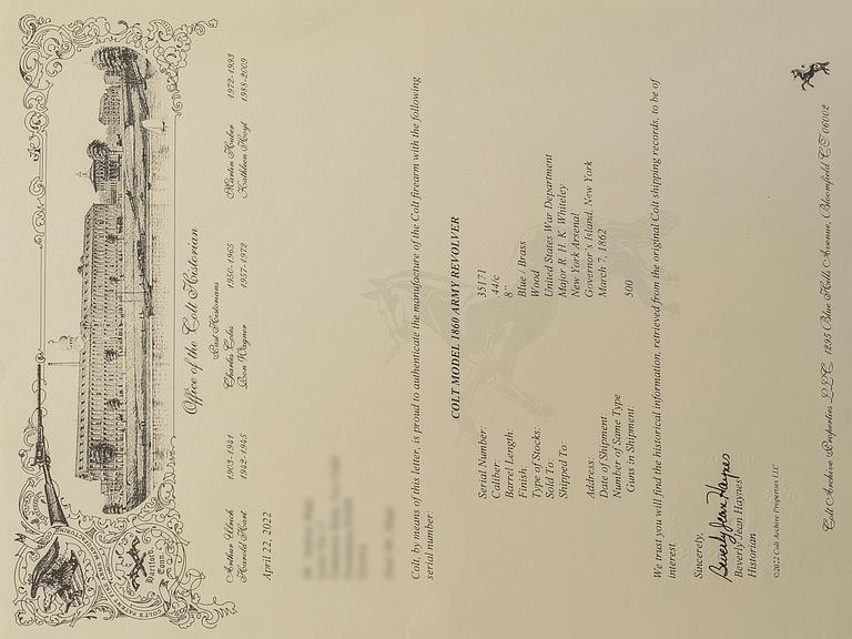 A Colt 1860 Army percussion revolver, serial no. 35171, manufactured 1862. Certificate included.