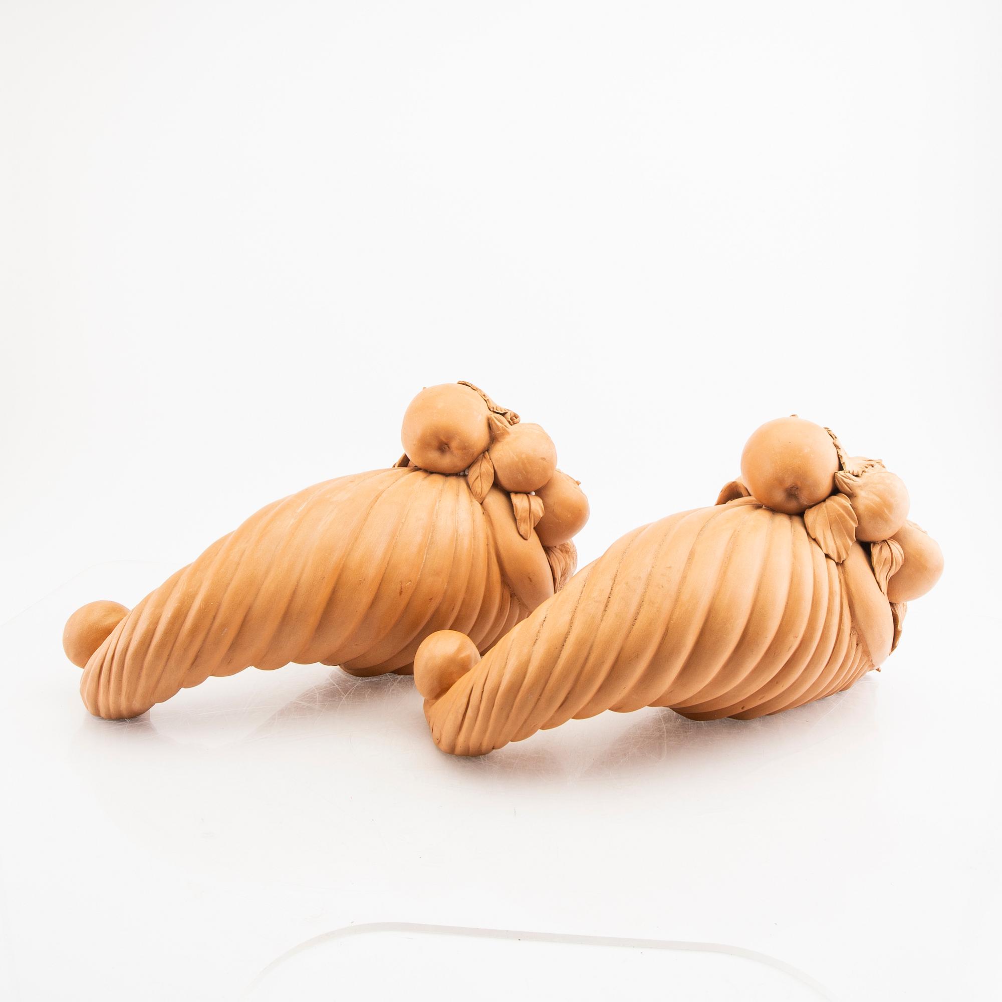 Two terracotta cornucopia by possible Alberto Poletti, Impruneta, Florence, Italy.