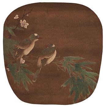 A Chinese fan painting, ink and colour on silk laid on paper, after a Song dynasty painting, Qing dynasty.