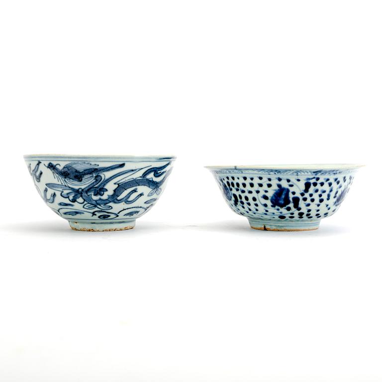 Two blue and white bowls, Ming dynasty (1368-1644). For the south east asian market.
