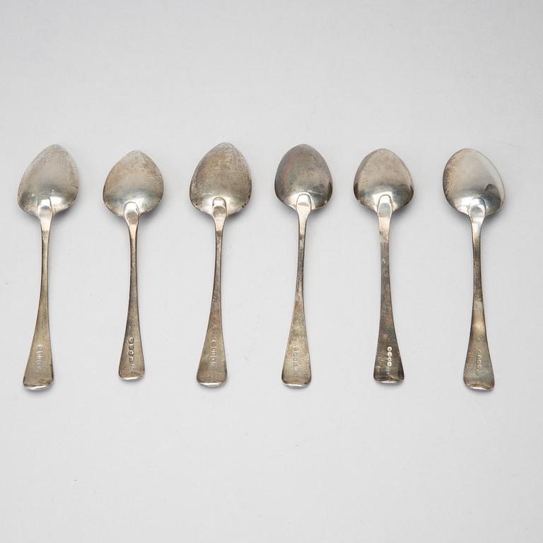 Six silver spoons, including Alice & George Burrows II, och Thomas Dicks, London, 1804-1823.