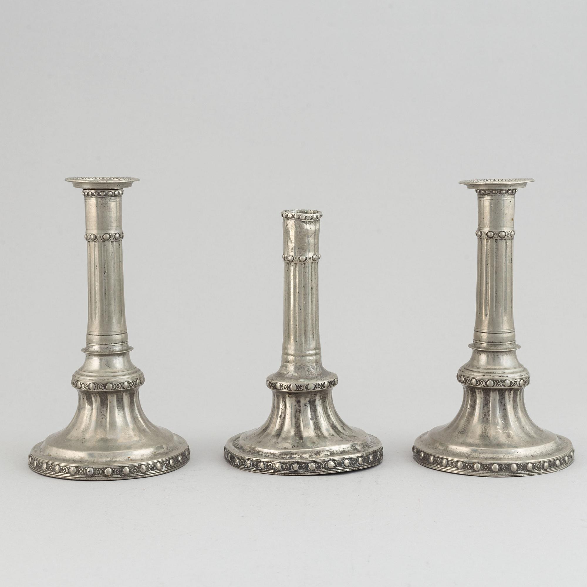 2+1 swedish pewter candlesticks, mark of Martin Gustaf Moberg, Jönköping 1791-93.