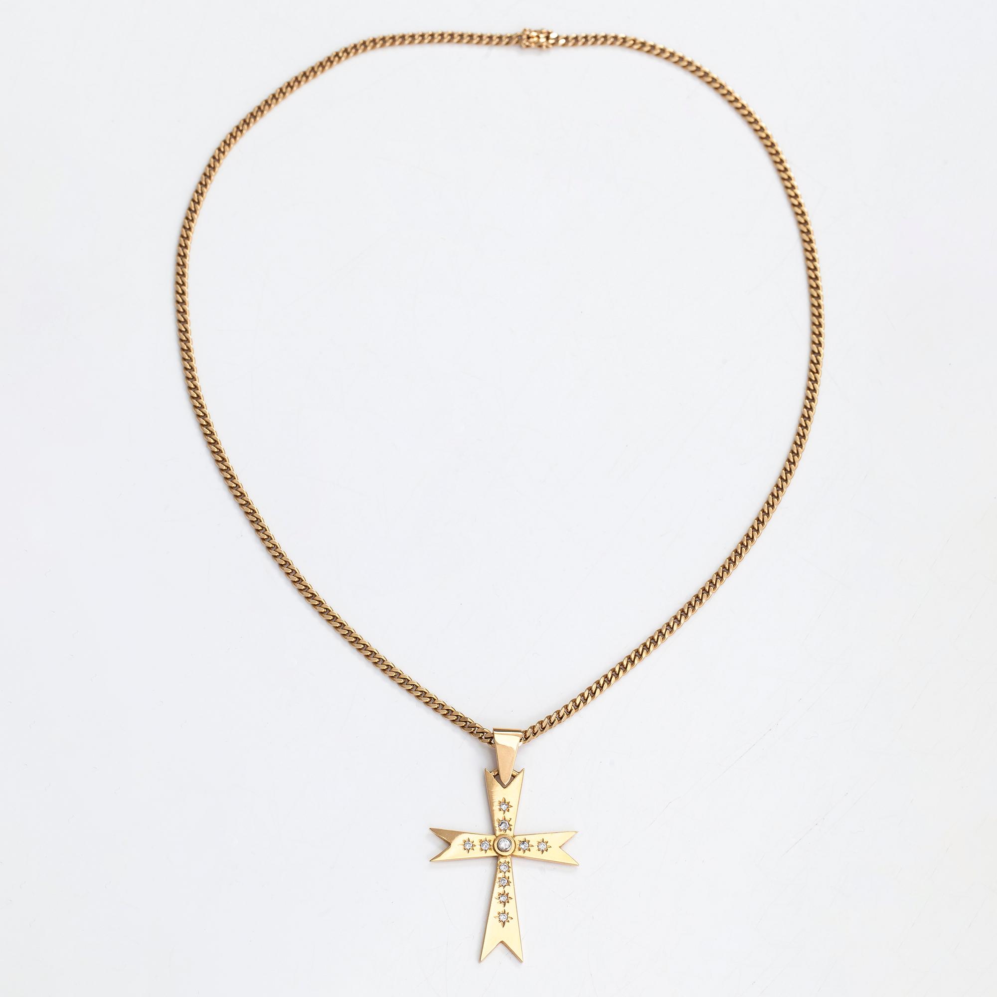 Necklace, cross, 18K/14K gold with diamonds totaling approx. 0.55 ct, Finland 1971/2007.