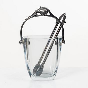 Ice bucket, glass, Strömbersghyttan, with mount and tongs in Danish silver, circa mid-20th century.