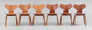 A set of six Arne Jacobsen 'Grand Prix' chairs, Fritz Hansen, Denmark, probably 1950-60's.