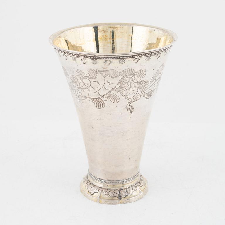 A Swedish 18th century parcel-gilt beaker, mark of Petter Julin, Köping 1765.