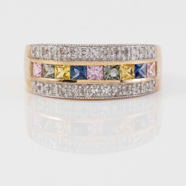 RING, 10K guld, diamanter tot ca 0.20 ct. och flerfärgade safirer.
