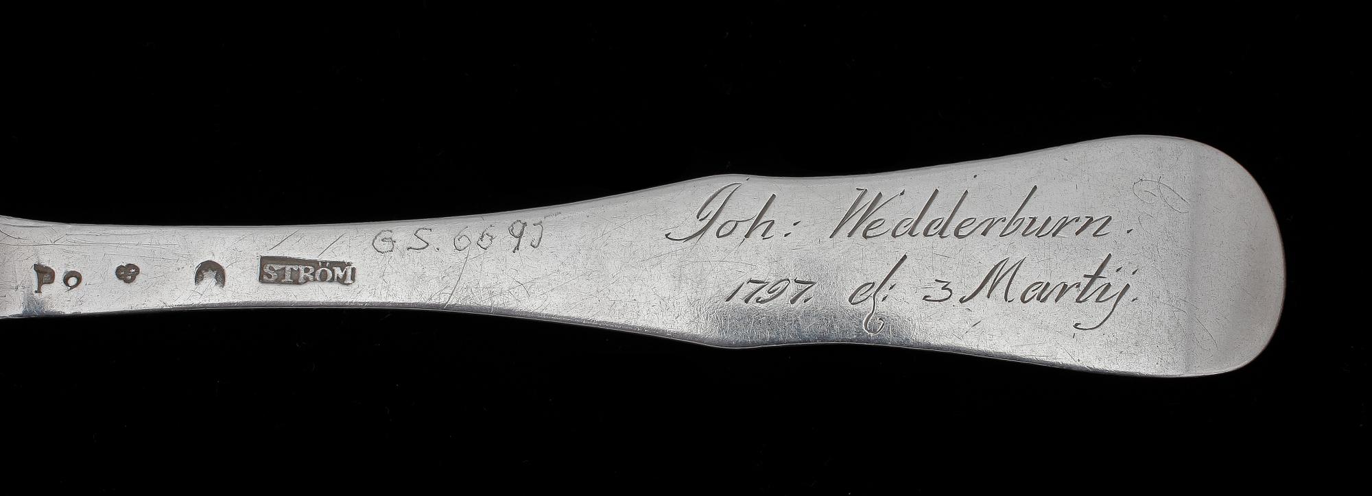 MATSKEDAR, 7 st, silver, bl a 1700-tal. Tot vikt 394 g.